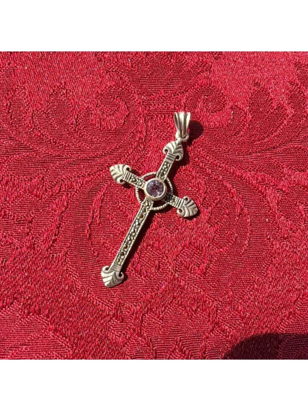 Vintage SU Sunstone 925 Sterling Silver Amethyst Marcasite Celtic Cross Pendant